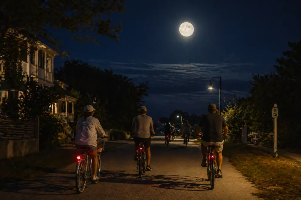 Group of cyclists riding through Cape Charles at night under a full moon