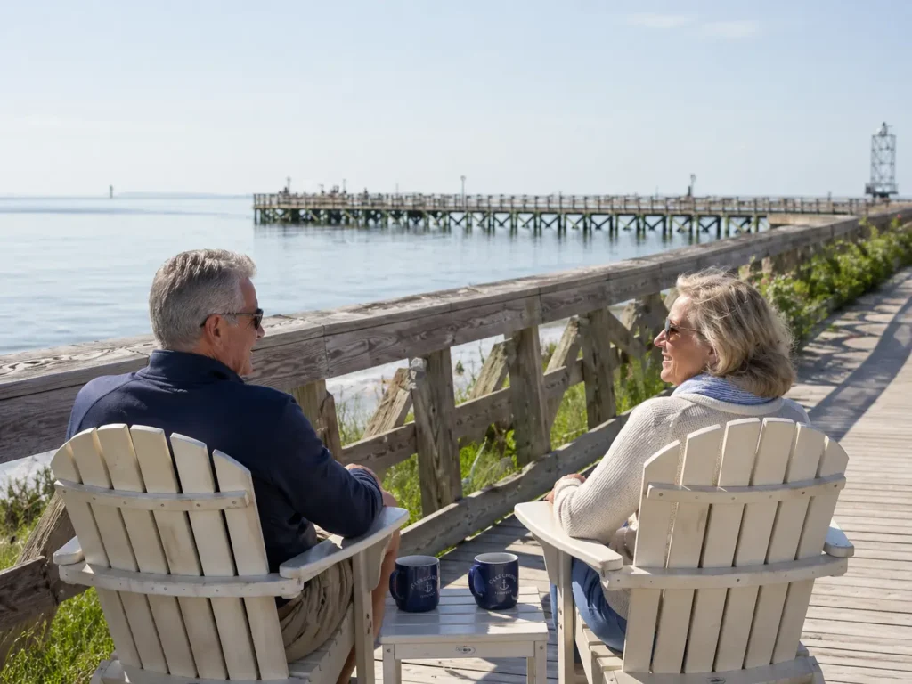 Retired couple sitting in Adirondack chairs on the Cape Charles boardwalk overlooking the Chesapeake Bay and pier