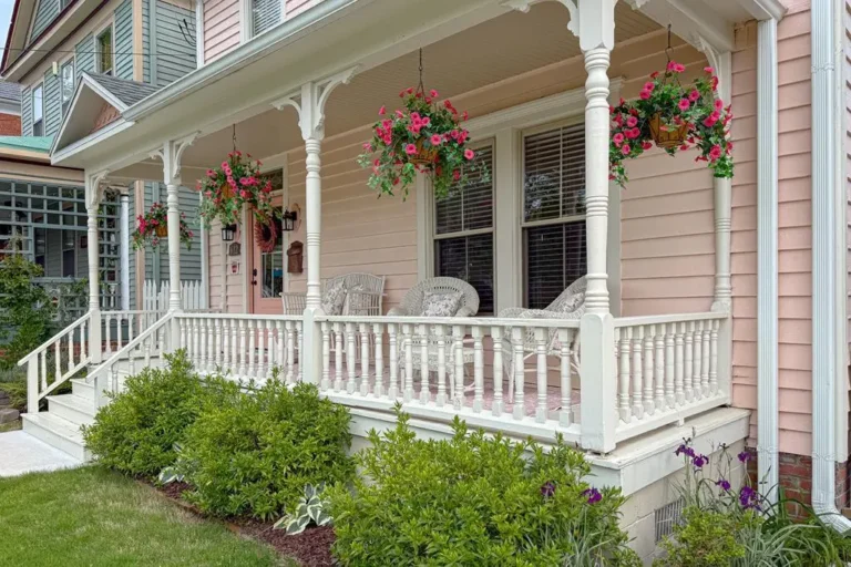 Victorian vacation home with wraparound porch and hanging flower baskets at 612 Tazewell Ave Cape Charles Virginia — how to buy a vacation home in Virginia
