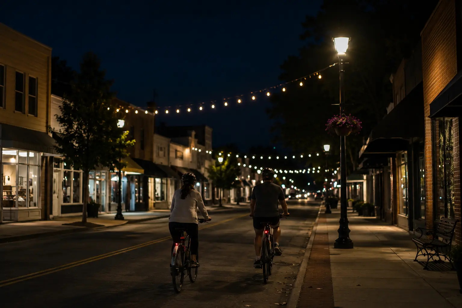 Two cyclists riding through downtown Cape Charles Virginia at night under string lights — Full Moon Bike Ride September event